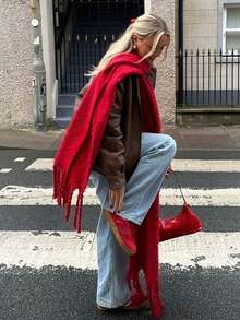 1pc Thick Solid Color Fluffy Tassel Warm Scarf For Women, Red, Fashionable Cold-Proof Couple Shawl, Soft & Comfortable Blanket Scarf, Suitable For Daily Wear In Winter
