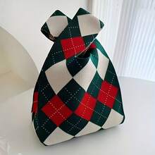 Women Thick Knitted Handbag - Winter Snowflake And Snowman Pattern Tote Bag, Green And Red Snowflake Design, Sturdy Knitted Fabric, Open Women Handbag, Suitable, New Year, Daily Use - Festive Winter Accessories (Green/Red) - Durable And Easy To Care Handbag, Women, Knitted Tote Bag With Snowman And Snowflake Pattern, Versatile Choice Shopping And Casual Outings - 紅綠色網格 - 查看 3