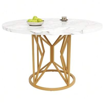 Round Table (100*100*76cm), Kitchen Table, Round Coffee Table For 4 To 6 People, Ideal For The Dining Room Or Living Room, Metal Table Legs, Geometric Table Legs, Marbled MDF Top With Gold Details
