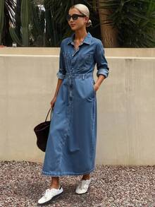 Livesso 女士翻领长袖牛仔连衣裙，下摆开衩