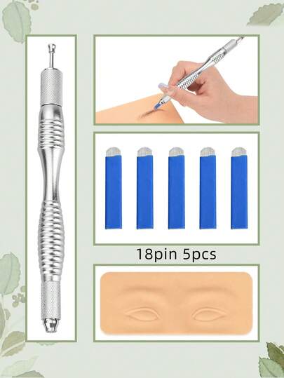 ATOMUS 1pc 3D Solid Silicone Flexible Thin Skin For Eyebrow Tattoo Practice, 1pc Silver Aluminum Alloy Eyebrow Tattoo Pen, 5pcs Blue U18 Eyebrow Tattoo Needles In Box