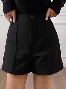 Livesso Quần short lưng cao họa tiết sọc tăm đơn sắc thoải mái cho nữ - màu đen - Xem 7