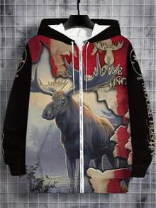 Men'S Moose Print Hoodie - Stylish Full-Zip Sweatshirt With Drawstring, Pockets & Durable Material, Unique Wildlife Design For Casual Outdoor Wear, Perfect Gift For Autumn & Winter, Outdoor Sportswear |   Moose Graphic Hoodie |   Durable Sportswear - Phong cách - Xem 1