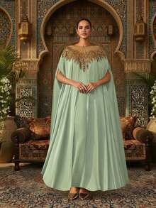 奢华绿色卡夫坦长袍，饰以金色亮片，缎面面料，派对阿巴雅长袍，卡夫坦长袍，阿巴雅长袍（宽松版型 - 请查看尺码表） - 薄荷綠 - 查看 4