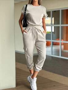 Bộ đồ liền thân rút dây cổ tròn tay ngắn màu trơn thường ngày cho nữ, mùa hè - Màu be - Xem 1