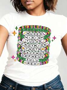 Women's Carnival Carnival T-Shirt With Mardi Gras Beads And Mythical Names Print ,Cotton Fabric,Festive Carnival Party Wear,Festival Wear For Women - trắng - Xem 6