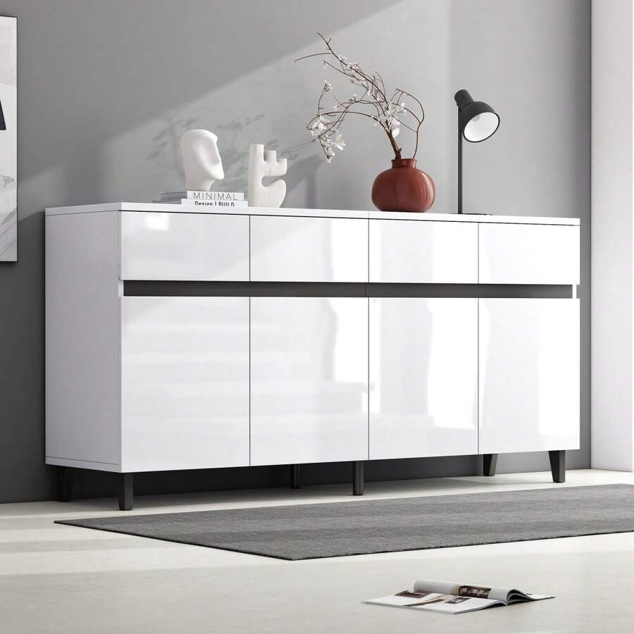 White Sideboard, Drawers, Gold Handles, Gold Legs, Smooth Drawer Slides, 140*35*76cm, Dining Room Sideboard, Kitchen Cabinet, Storage Cabinet, Lift Drawers, Chest Of Drawers