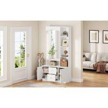 90*40*180cm Multifunctional Hallway Unit With Storage, Wardrobes With Shoe Rack And Mirror, Wardrobe With 2 Drawers And 2 Cabinets, Chest Of Drawers With Shelf, White - 1 - 查看 6