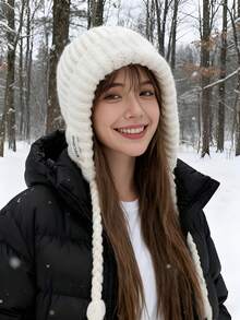 1件装 保暖秋冬新款扭结针织羊毛帽套头帽 女士秋冬保暖护耳飞行帽 滑雪雷风帽 男士编织羊毛针织帽 女士纯色百搭大头羊毛帽