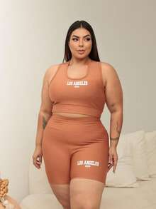 Women's Plus Size Printed Gym Set - Los Angeles NY - Màu nâu  Mocha - Xem 2