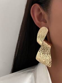 1 对夸张时尚几何金属条纹圆形耳环，简约复古粗珠宝耳环，女士日常、派对和节日装饰、礼物、时尚配饰套装 - 金黃色 - 查看 4