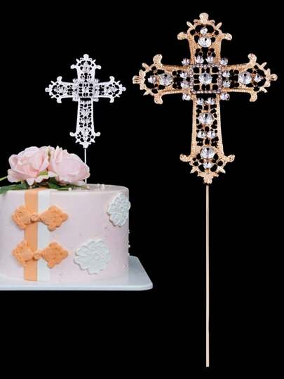 1 Piece, Elegant Cross Cake Topper, Gold And Silver Two-Tone Openwork Cake Decoration, Suitable For Birthday And Easter Celebrations.