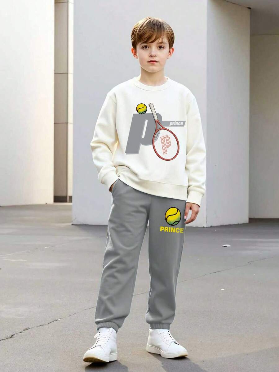 男童棒球印花长袖上衣和抽绳长裤两件套休闲运动卫衣裤套装，春/秋/冬 - 灰色 - 查看 1