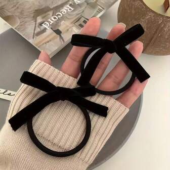 2个黑色丝绒蝴蝶结发夹 - 优雅的马尾辫配饰，适合女士和女孩，柔软时尚，休闲发饰，适合秋冬季节，女孩发饰，弹力发圈，发绳，橡皮筋发圈，发圈，发绳