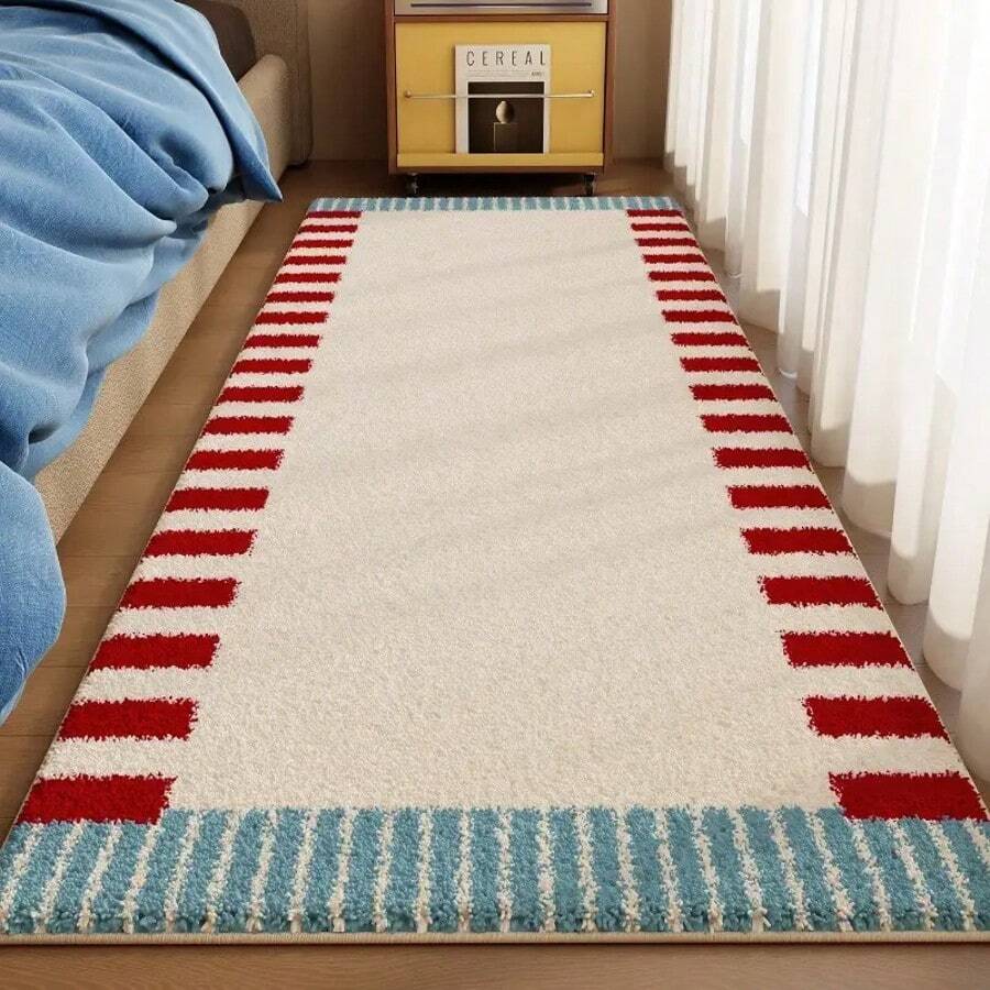 1pc Red & Blue Line Pattern Area Rug, Decorative Carpet, Bedroom Decor, Small Rug, Carpet, Home Decor, Living Room Rug, Living Room Small Rug, Bedroom Rug, Living Room Home Decor, Outdoor Rug, Washable Rug - Multicolor - View 1