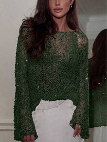 Yuwenier Sexy Hollow Out Sheer Sequin Embellished Crochet Cover-Up Batwing Long Sleeve Loose Fit Tops Rave Party - Army Green - View 4