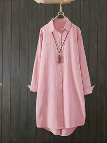 Women's Long Sleeve Drop Shoulder Shirt, Asymmetric Hem And Button Details, Non-Stretch Polyester Fabric - Pink - View 3