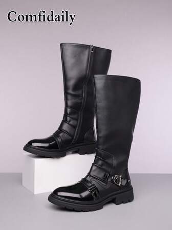 男士冬季新款真皮拼接休闲靴，时尚搭扣装饰高帮摩托车靴