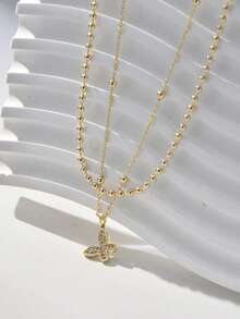 Nooxian 2pcs/Set Women Elegant Minimalist Gold Sparkling Butterfly Copper Zirconia Pendant Layered Pearl Chain Necklace Set (Random Pearl Quantity) - Yellow Gold - View 7