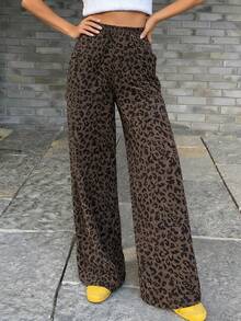 Livesso Leopard Print Elastic Waist Slant Pocket Straight Leg Pants - Coffee Brown - View 4