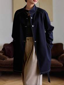 DAZY Women's Stand Collar Belted Loose Urban Casual Denim Jacket And Coat Fall/Winter - Dark Wash - View 2