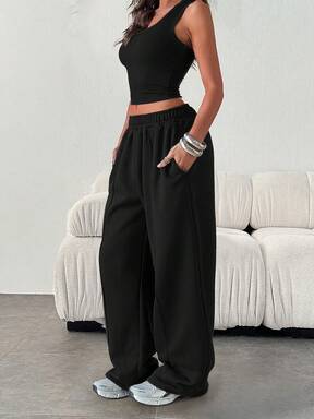 Damen Lässig Loose einfarbige Sweathose mit Kordelzug in der Taille und Taschen