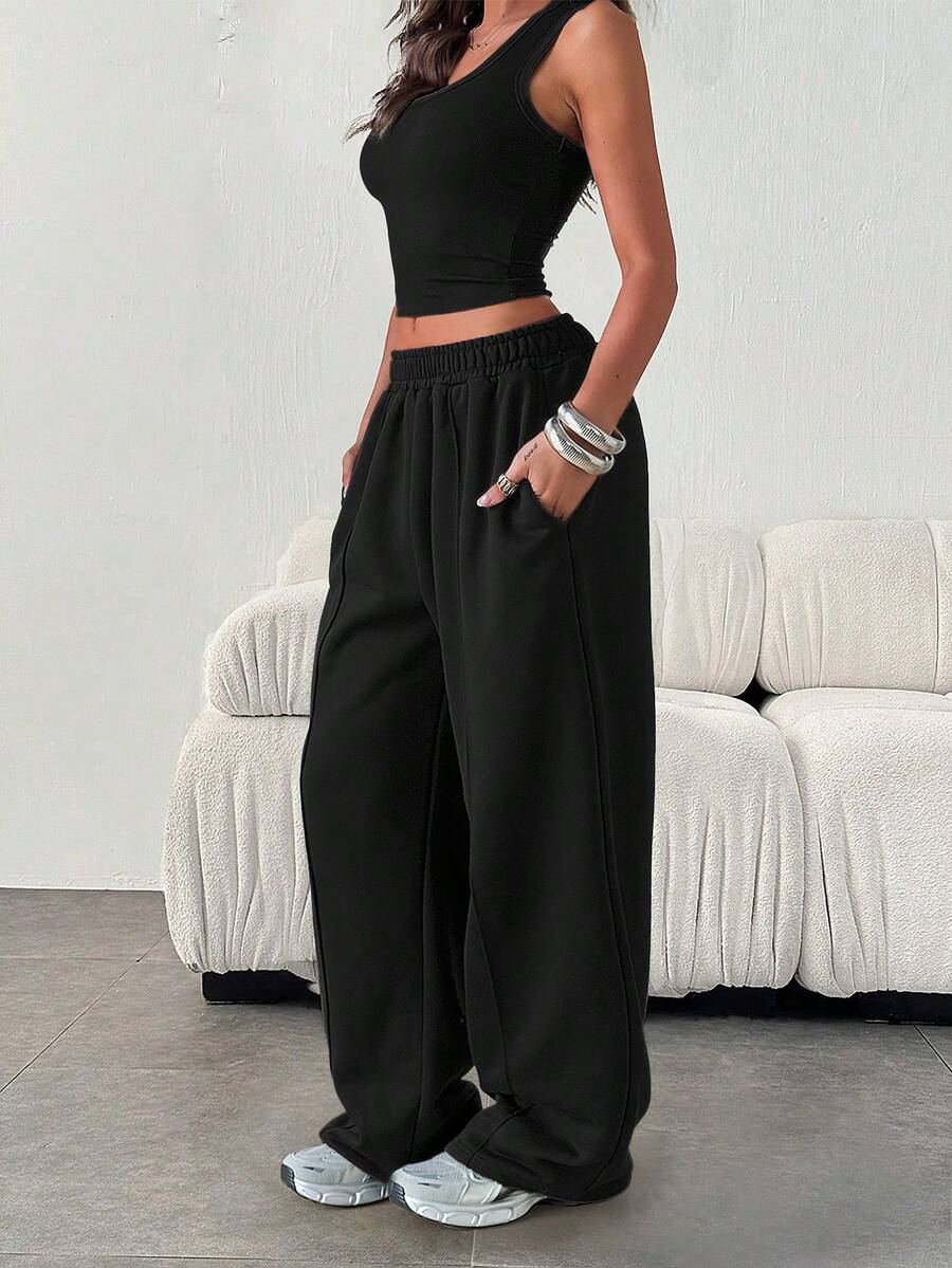 女士休闲宽松纯色抽绳腰部运动裤，带口袋