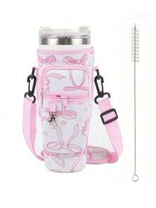 The 1pc Multi-Color Printed Water Bottle Cup Is Equipped With A Transparent Cleaning Brush, An Adjustable Shoulder Strap, A Large Capacity Pocket, And A Keychain, Suitable For Gift Giving And Outdoor Sports Cup Accessories - Multicolor - View 15