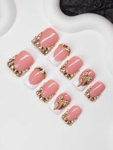 10片/套 手工方形美甲贴片，法式贴片，蝴蝶结和水钻装饰，Y2K 酷炫风格，裸色和白色，适合派对、婚礼、日常佩戴，包含美甲工具，是送给女性和女孩的绝佳礼物。 - 彩色 - 查看 3