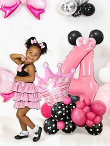 28个/套黑色和粉色32英寸数字气球套装，包含0-9数字、粉色皇冠铝箔气球、玫红色和黑色波点乳胶气球，适用于生日派对、粉色主题派对、周年纪念、粉色米老鼠主题派对、婚礼、公主生日派对装饰。 - 彩色 - 查看 4