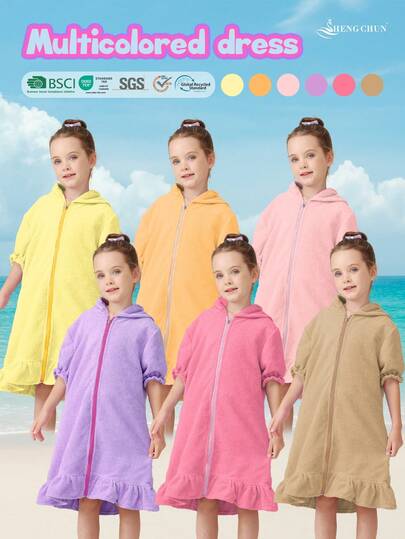 1pc Girls' Hooded Zip-Up Swim Cover-Up, Cute Puff Sleeve With Skirt, Available In Multiple Ages, Absorbent Towel Fabric, Suitable For Toddlers & Kids, Great For Home, Swimming, Bathing