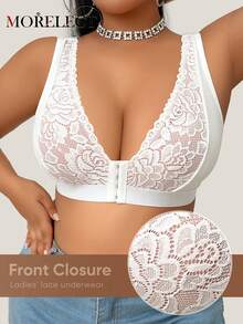 Morelect Plus Size Women Lace Patchwork Front Closure Wireless Bra, Fashionable Jacquard Supportive & Lifting - White - View 5