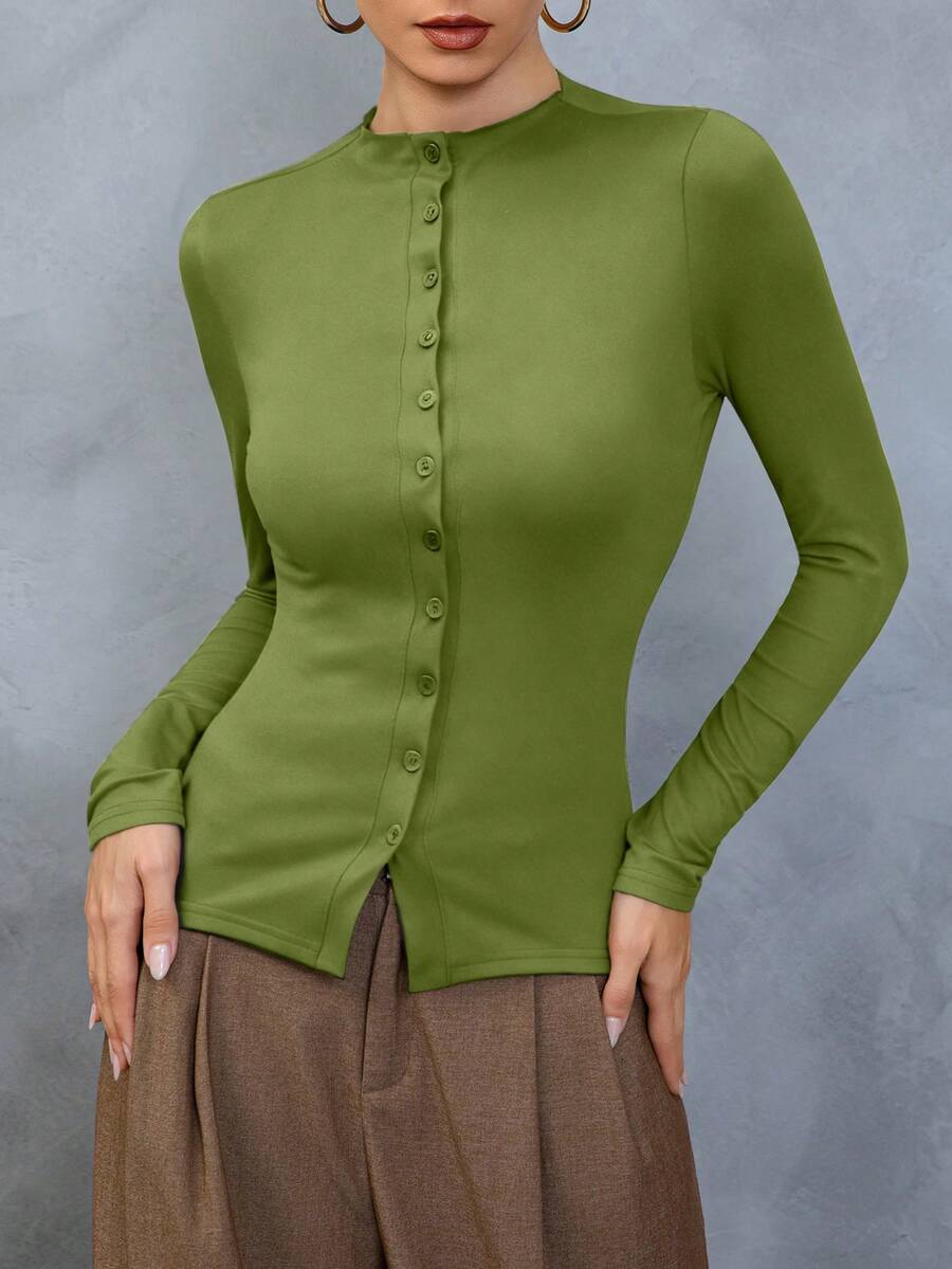 Women's Elegant Button-Up Casual Solid Color Vintage Slim Fit Sexy Top T-Shirt - Green - View 1