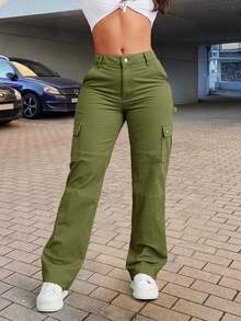 女式纯色多口袋休闲工装裤 - 軍綠色 - 查看 3