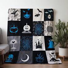 1 Sdoo Gothic Halloween Blanket - Printed With Spooky Bats, Pumpkins, Haunted House And  - Soft Flannel For All Seasons On Bed, Sofa, Travel Or Camping - Retro Multicolor Checkered Design - Gray With Blue Spider Web And Jack-O-Lanterns Lighting: Ideal Gift For Nightmare Before Christmas Fans - 彩色 - 查看 4