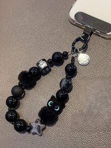 Niche High-End Plush Cat Phone Lanyard Beaded Wrist Strap, Keychain, Bag Charm