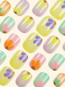 24pcs Fall Press On Nails Short French Nails Y2k Multicolor Nails Oval Glitter Super Glossy Glossy Geometric Stripes Flower Foil Print Round Dot Pattern Simple Reusable Press On Acrylic Nails Fake Nails Supplies Free Of 24 Pieces Of Jelly Tabs And A Mini File - Multicolor - View 2