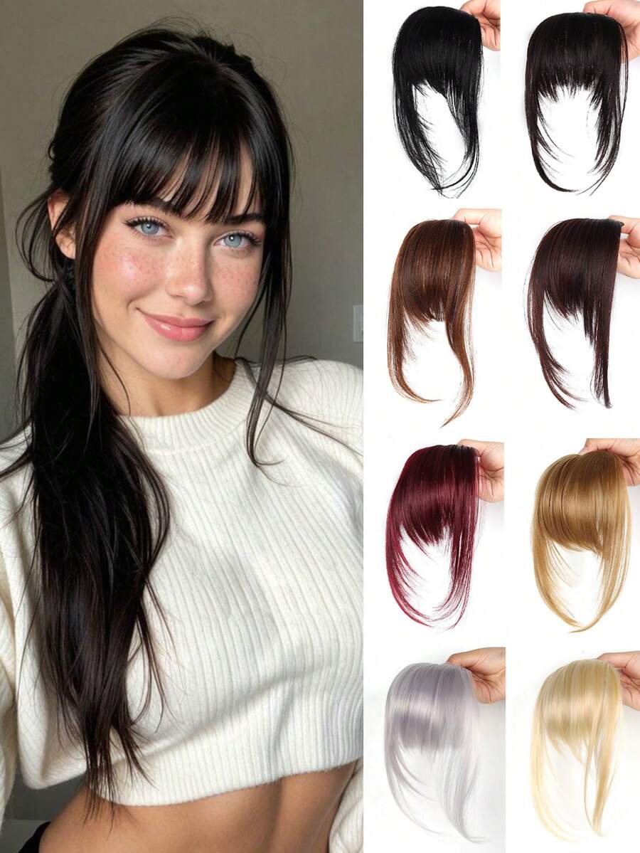 طقم باروكة اصطناعية مع غرة، بديل شعر للنساء، يغطي الشعر الأبيض، ناعم وطبيعي، باروكة متدرجة ناعمة للجبهة، بطراز كرتوني حلو وبارد، مشابك شعر، دبابيس شعر، مشابك شعر