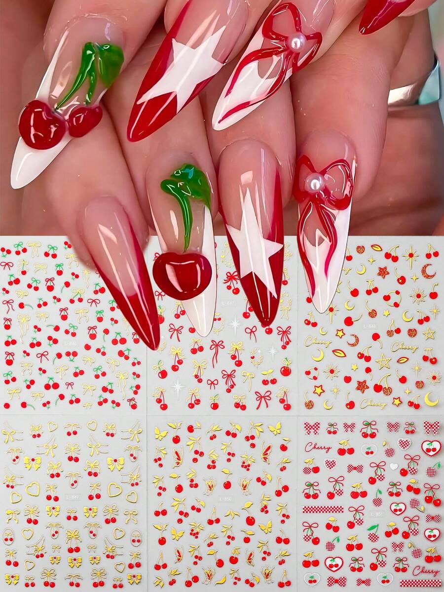 6片红色樱桃蝴蝶结美甲贴纸，情人节金线爱心星星叶子美甲贴花，新年美甲用品，DIY美甲饰品装饰 - 彩色 - 查看 1