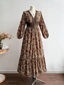 Rusttydustty 女士V领长袖连衣裙，棕色碎花印花，适合度假、下午茶、波西米亚风日常穿着，也适合秋冬季、情人节、新年和派对等场合。 - 棕色 - 查看 8