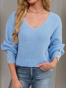 Suéter holgado de mujer con cuello en V y botones, jersey de punto acanalado versátil y ligero, azul