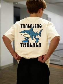 男童及青少年休闲印花圆领短袖T恤，夏季上衣 - 杏色 - 查看 7