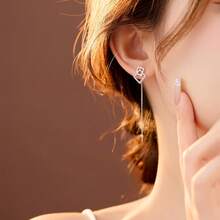 1对银色几何水钻耳环，简约长流苏耳环，独特设计配饰 - 銀色 - 查看 3