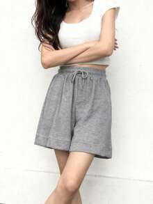 High Waist Casual Summer Shorts With Drawstring Waist, Suitable For Daily Wear And Vacation - Light Grey - View 2