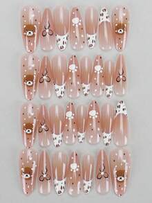 30片装美甲贴纸，杏仁形/法式长款豹纹图案，卡通泰迪熊设计，完美贴合的亚克力假指甲套装，包含1片果冻胶和1个指甲锉，适合女性在秋冬季日常工作、学习和聚会中使用。这款美甲产品也适用于派对、节日和日常佩戴。 - 彩色 - 查看 3