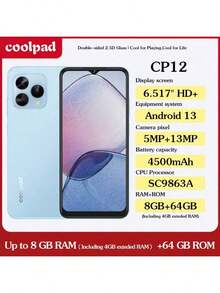 Coolpad COOL CP12，Android 13 系统，6.517 英寸高清+显示屏，颜色：浅蓝、深蓝、黑色，CPU：SC9863A，8GB（含 4GB 可扩展内存）+ 64GB 和 8GB（含 4GB 可扩展内存）+ 128GB 存储选项，1300 万像素三摄，4500mAh 电池，双卡双待，支持 4G 充电，欧标智能手机 - 月白藍 - 查看 4