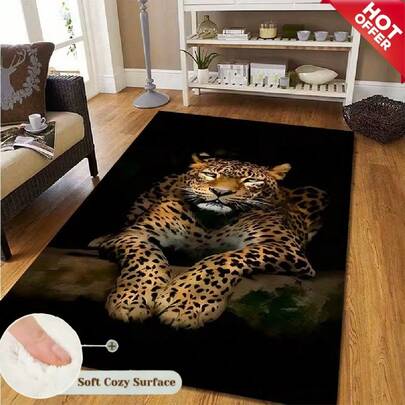 Leopard-Patterned Animal-Simulated Thickened Velvet Carpet | With Realistic Leopard Lying Posture As The Main Body, With Dark Background And Natural Light And Shadow, The Style Is Wild And Atmospheric, Suitable For Modern Or Personalized Spaces Such As Living Room