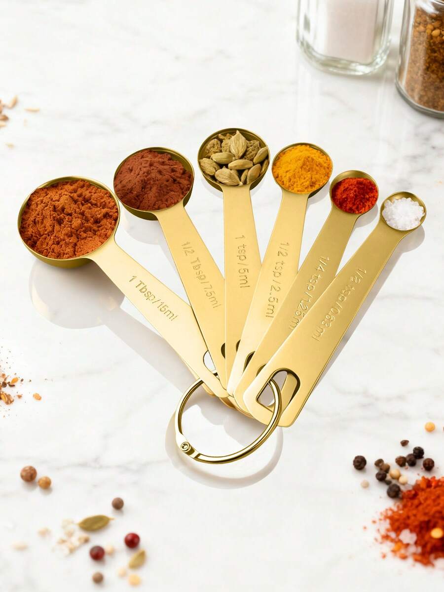 茶匙、汤匙量勺：不锈钢烘焙烹饪量勺套装（6 件），金属厨房量具，适用于干湿食材 - 金色 - 查看 1