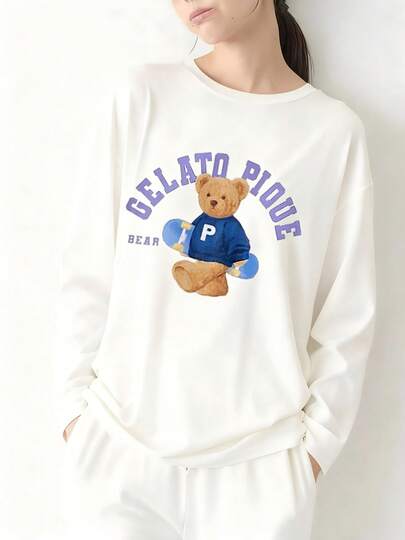 Gelato Pique スケートベア スポーツ プリント レディース パジャマ トップス 秋冬 アクティブ 長袖 部屋着 女性 吸湿発熱 白 ルームウェア 運動 インナー パジャマ