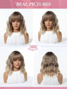 Tóc giả nữ chất lượng cao, tự nhiên và thoải mái, tóc giả kiểu bob bồng bềnh ombre 14 inch, tóc giả xoăn phủ kín đầu, tóc giả ombre thanh lịch chịu nhiệt, tóc giả ngắn xoăn tổng hợp chịu nhiệt, hoàn hảo cho sử dụng hàng ngày, kỳ nghỉ và du lịch. - Màu nâu ombre - Xem 8